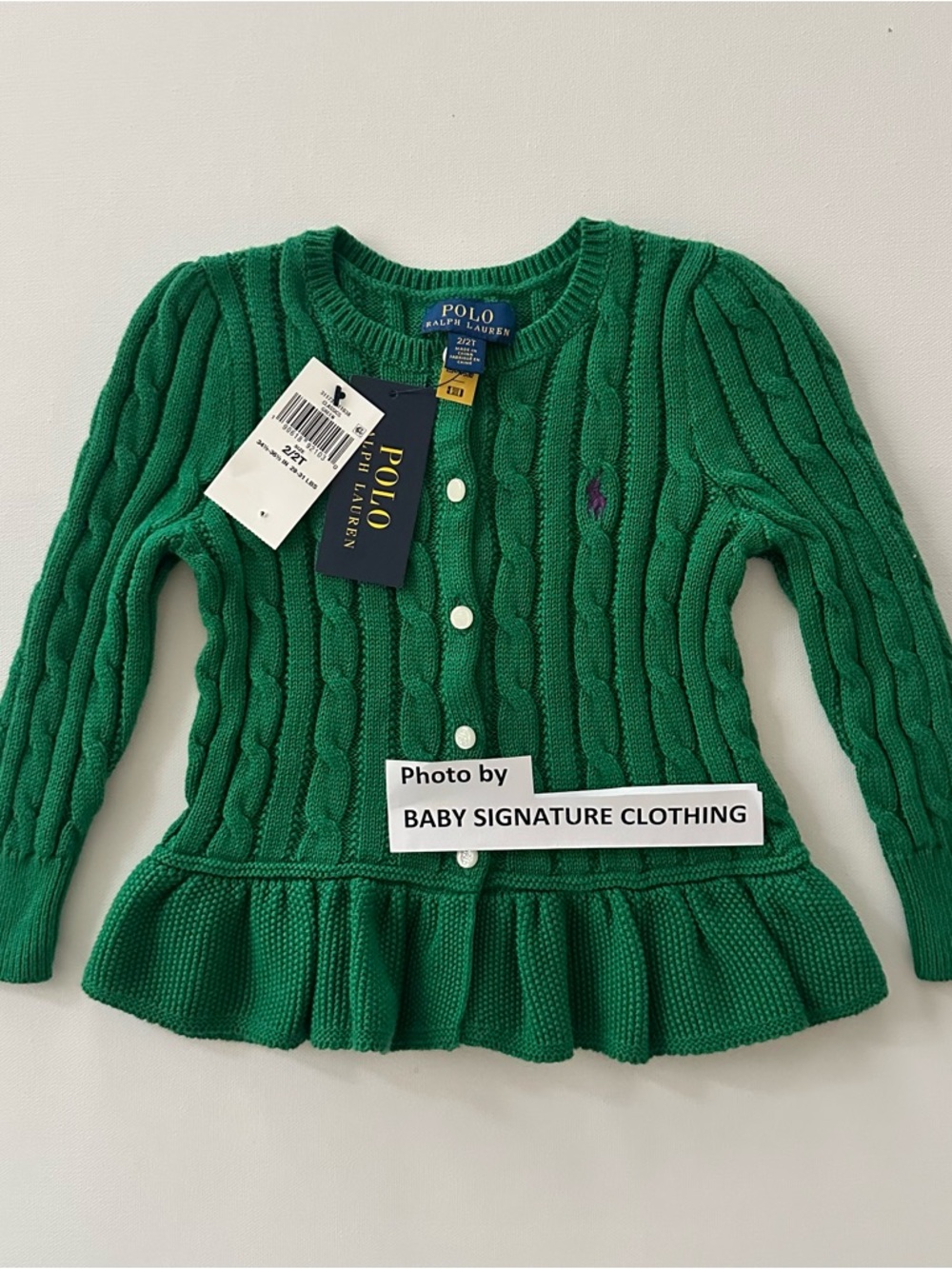 Polo Ralph Lauren 2T Toddler Girl Green Cable-Knit Ruffle Peplum Cardigan NWT